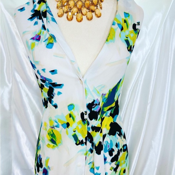 Worthington Top Womens 3X Royal Blue Floral Button Up Sleeveless V-Neck Blouse - Picture 2 of 6